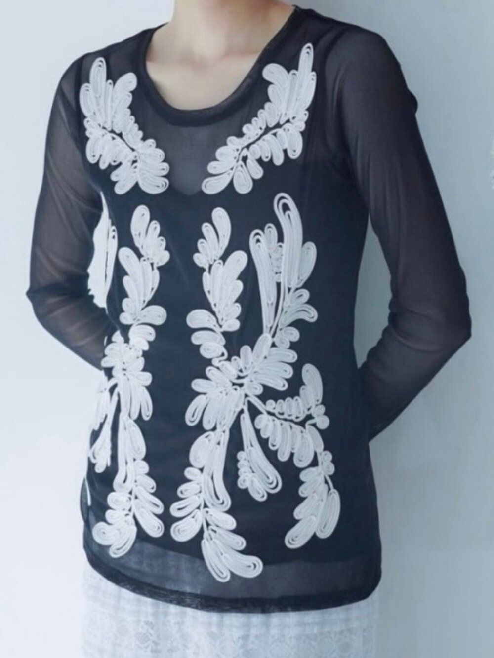 INC International Concepts 1X Black Mesh Embroidered Top Sheer Sleeve Blouse